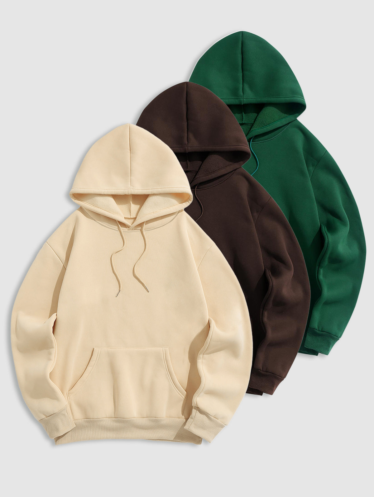 Men's 3Pcs Solid Color Thermal Fleece-lined Kangaroo Pocket Pullover Hoodie