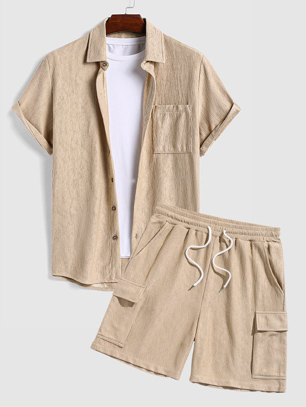 Men's Casual Bark Wrinkle Textured Front Pocket Button Up Short Sleeves Shirt And Drawstring Shorts Set