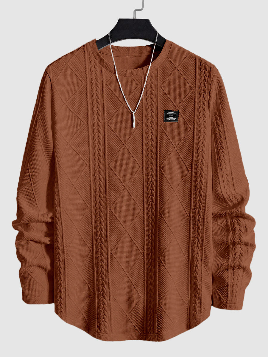 Men's Jacquard Textured Patch Design Crew Neck Long Sleeves Pullover Sweatshirt