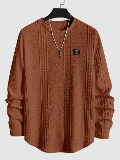 Men's Jacquard Textured Patch Design Crew Neck Long Sleeves Pullover Sweatshirt