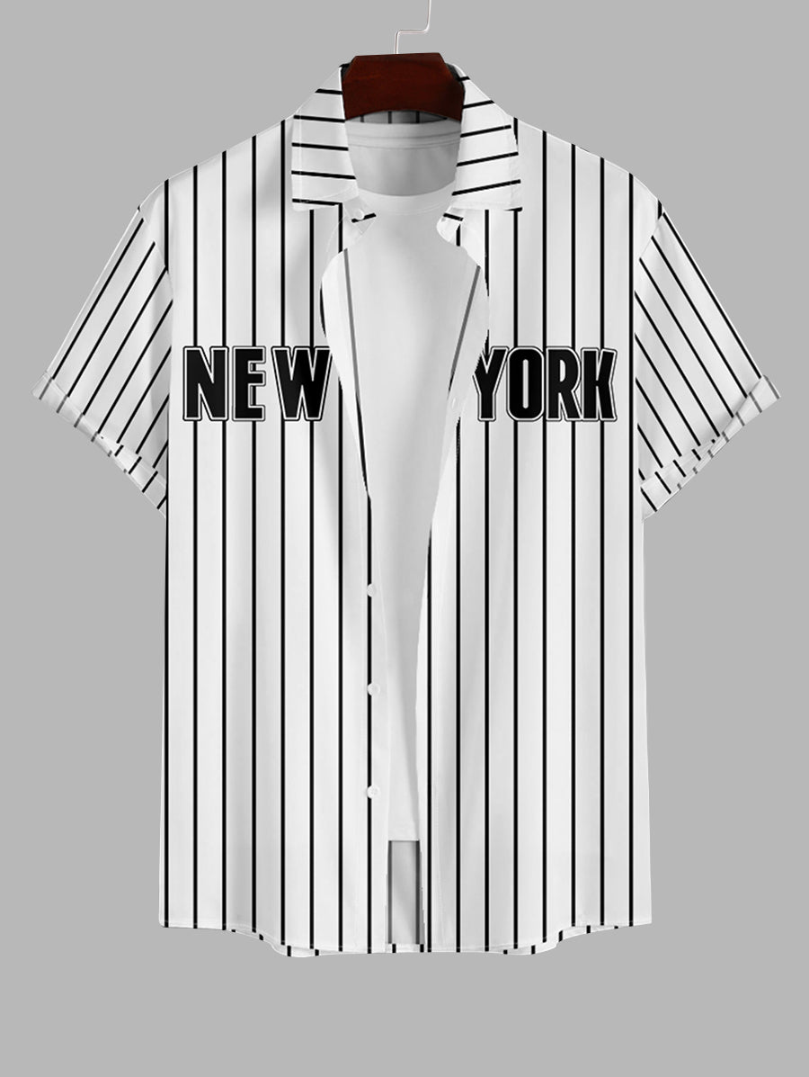 Men's NEW YORK Letter Vertical Stripes Printed Button Up Casual Short Sleeves Shirt