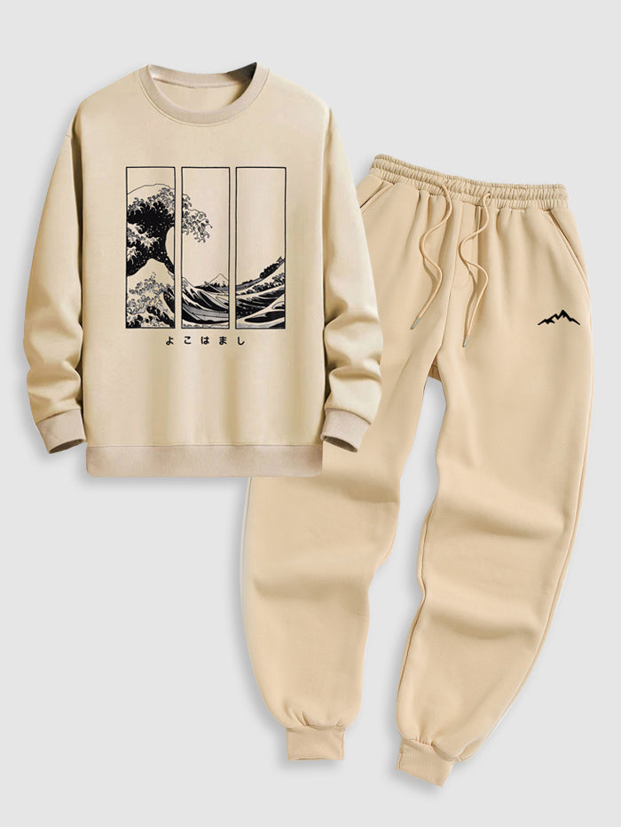 Japanese Sea Waves Graphic Printed Crew Neck Pullover Sweatshirt Set