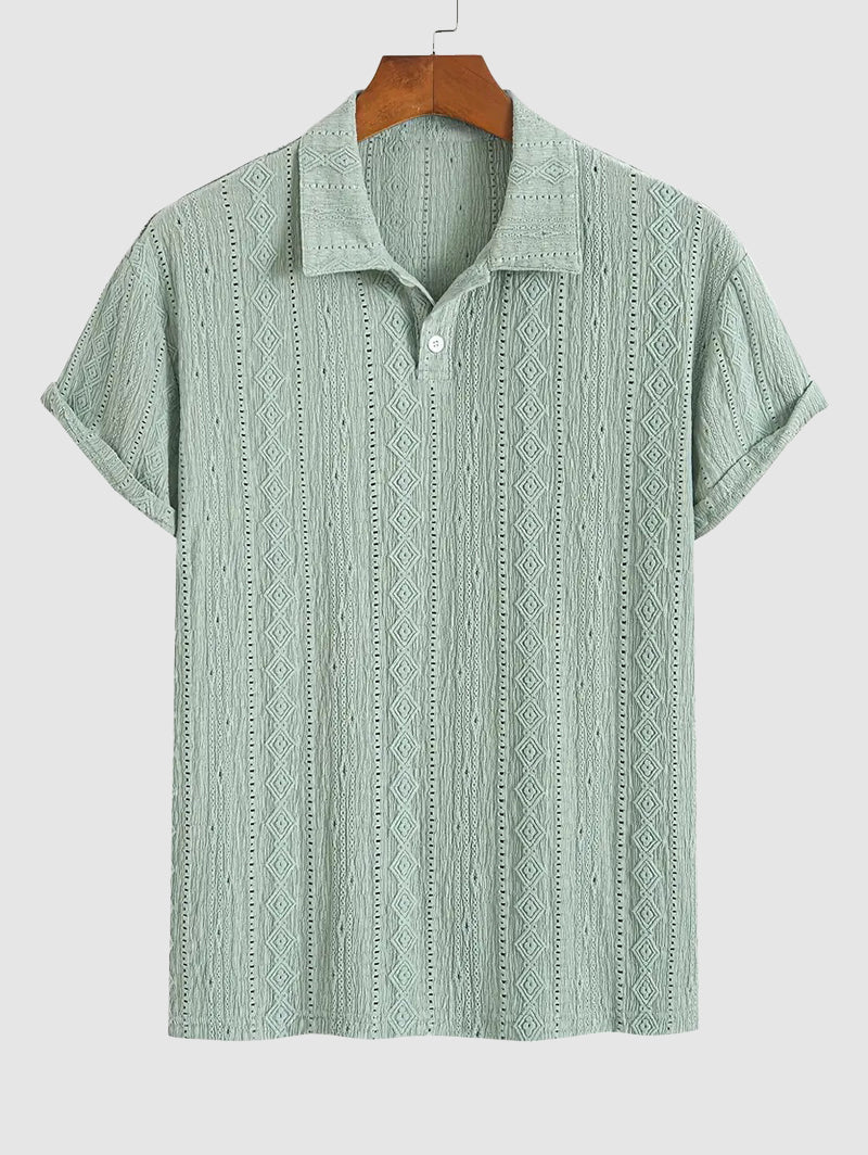 Men's Solid Color Textured Openwork Polo Collar Half Buttoned Short Sleeves Shirt