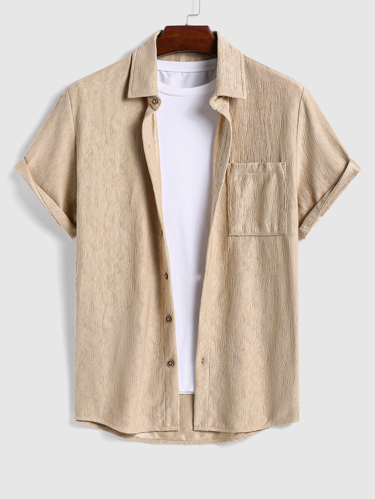 Men's Casual Bark Wrinkle Textured Front Pocket Button Up Short Sleeves Shirt