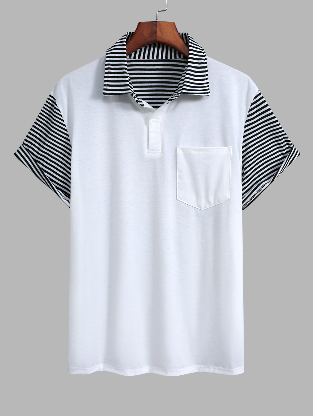 Men's Contrast Striped Pocket Design Polo Collar Half Buttoned Short Sleeves T-shirt