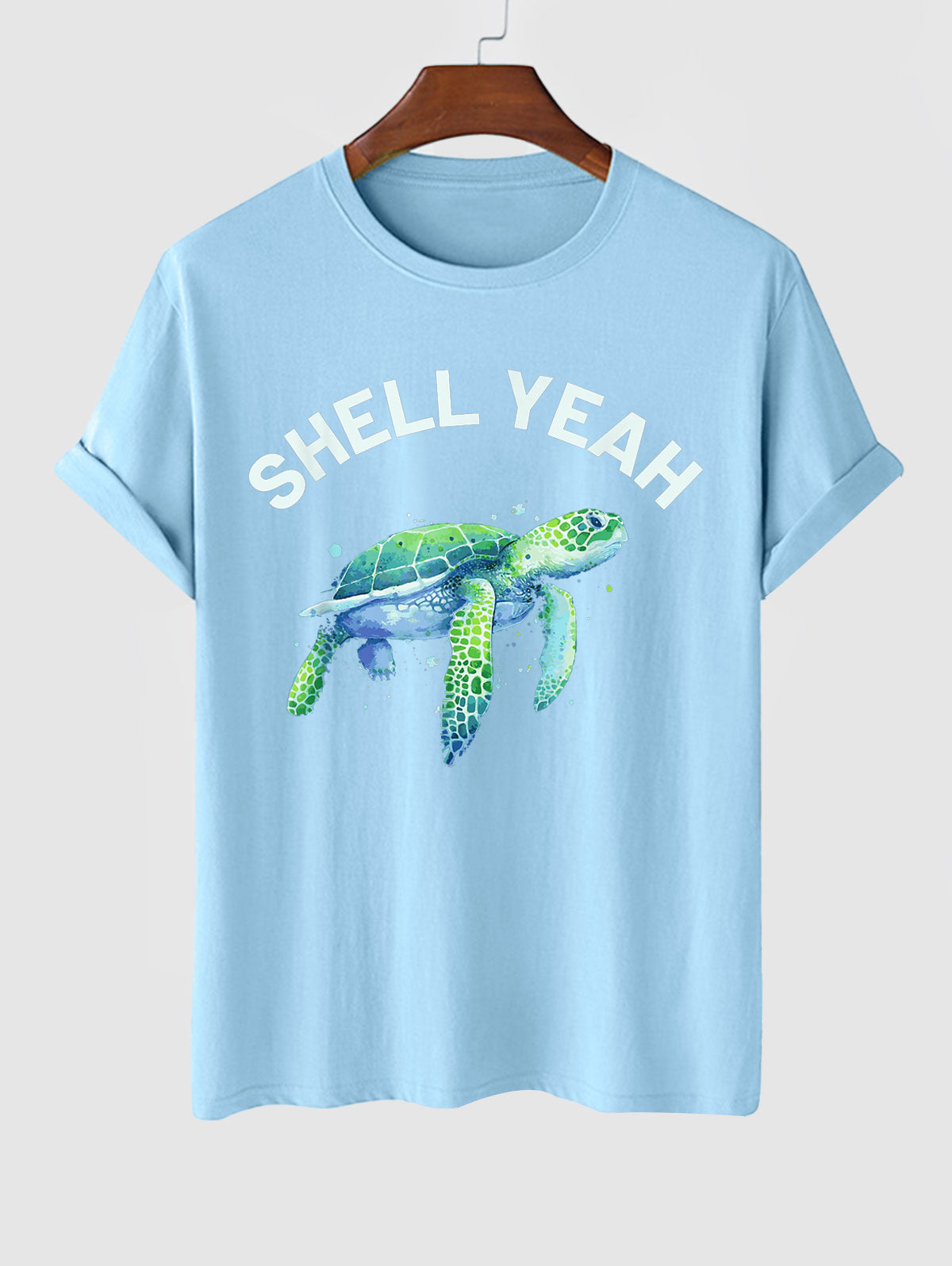 Men's SHELL YEAH Letter Turtle Printed Crew Neck Short Sleeves T-shirt
