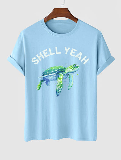 Men's SHELL YEAH Letter Turtle Printed Crew Neck Short Sleeves T-shirt