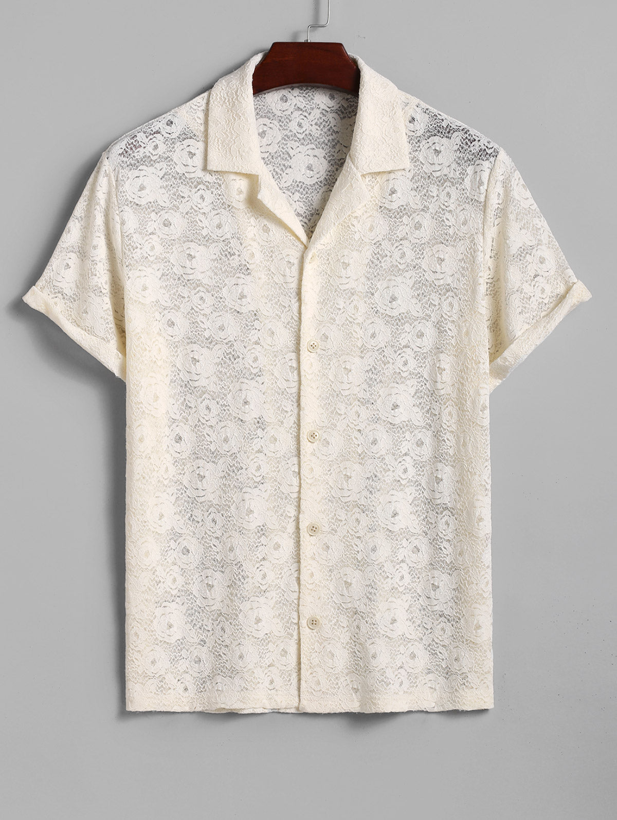 Men's Floral Rose Lace Openwork Camp Collar Button Up Short Sleeves Shirt
