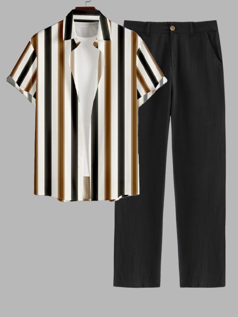 Men's Colorblock Stripes Button Up Short Sleeves Shirt And Solid Color Cotton and Linen Straight Leg Pants Sets