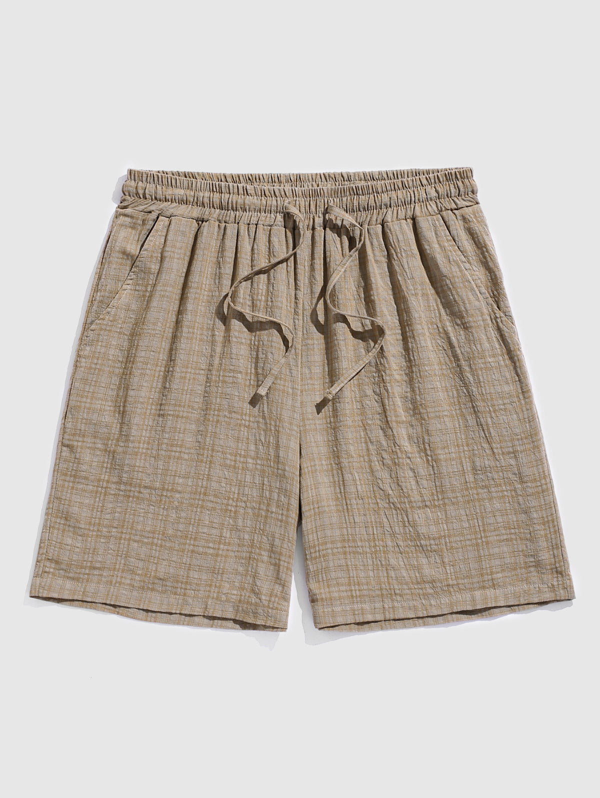 Men's Cotton And Linen Textured Grid Pockets Drawstring Casual Shorts
