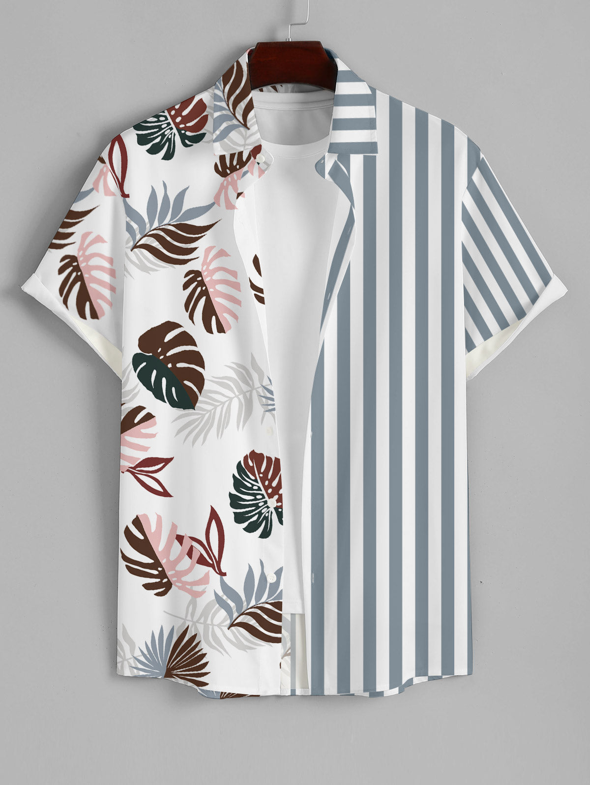 Men's Leaf Striped Half And Half Printed Button Up Casual Vacation Short Sleeves Shirt