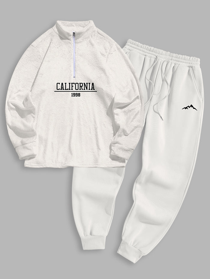 Men's CALIFORNIA 1998 Graphic Pattern Fluffy Fleece Quarter Zip Stand Collar Sweatshirt Set