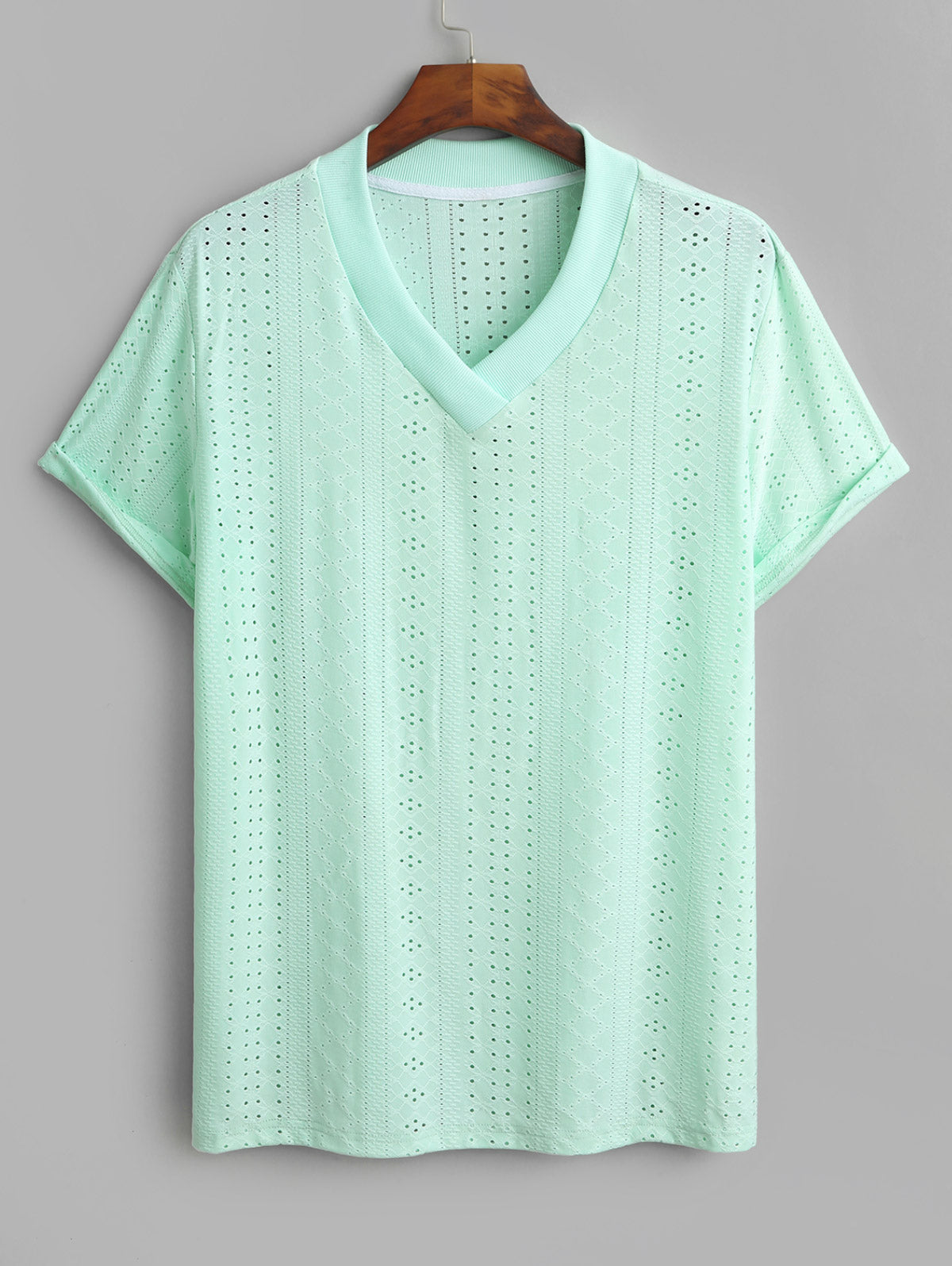 Men's Geometric Openwork Jacquard Textured Pointelle Knit V Neck Short Sleeves T-shirt