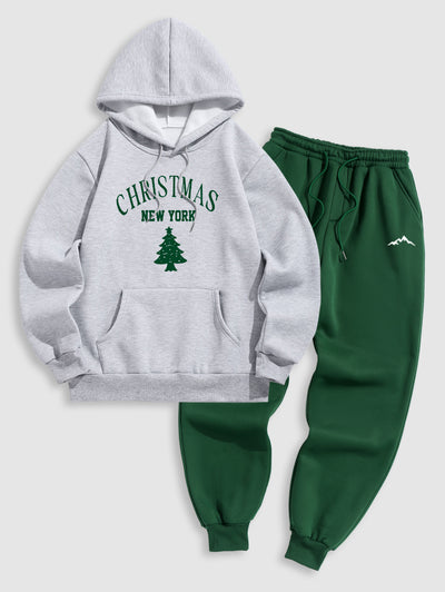 Men's NEW YORK Christmas Tree Pattern Fuzzy Fleece-lined Kangaroo Pocket Design Pullover Hoodie And Drawstring Jogger Sweatpants Set Kosyway