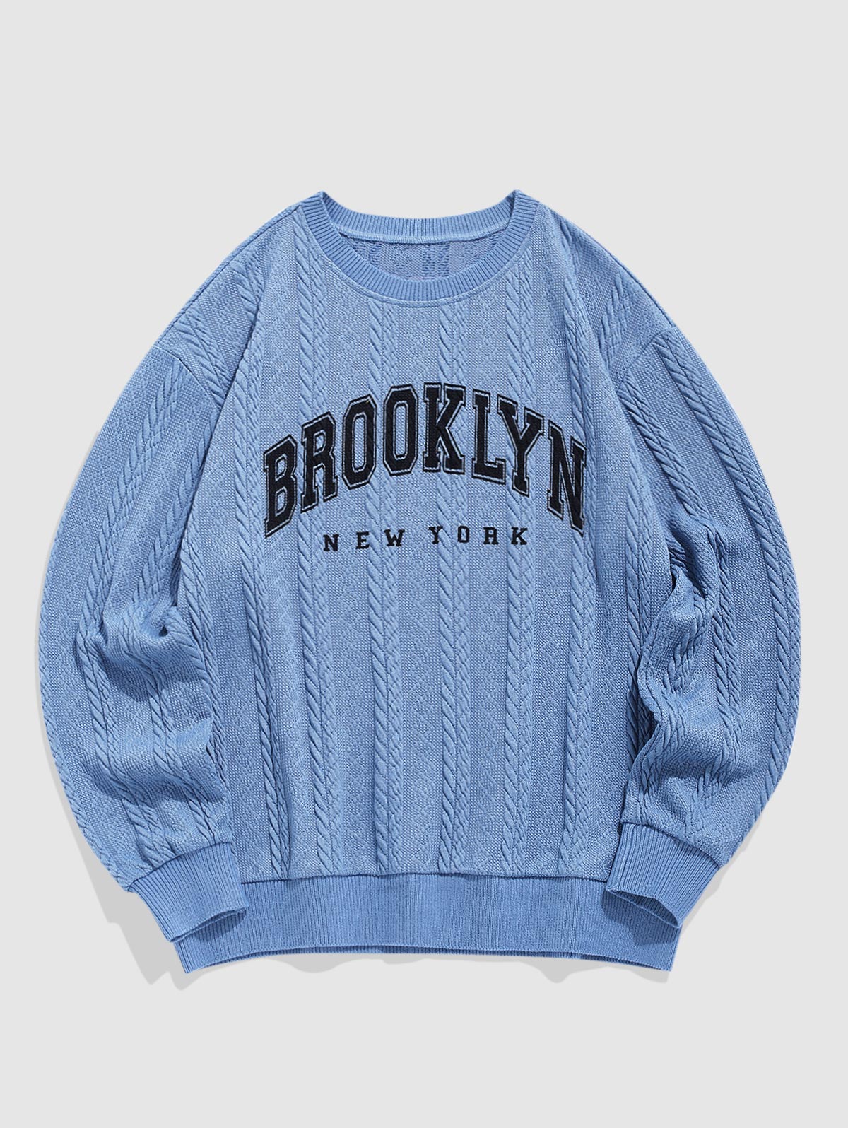 Men's Casual Letter BROOKLYN NEW YORK Graphic Printed Jacquard Textured Cable Knit Crew Neck Long Sleeve Sweater Shirt Jeans Set Kosyway