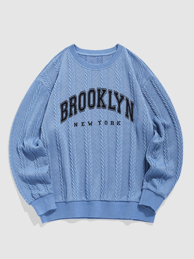 Men's Casual Letter BROOKLYN NEW YORK Graphic Printed Jacquard Textured Cable Knit Crew Neck Long Sleeve Sweater Shirt Jeans Set Kosyway