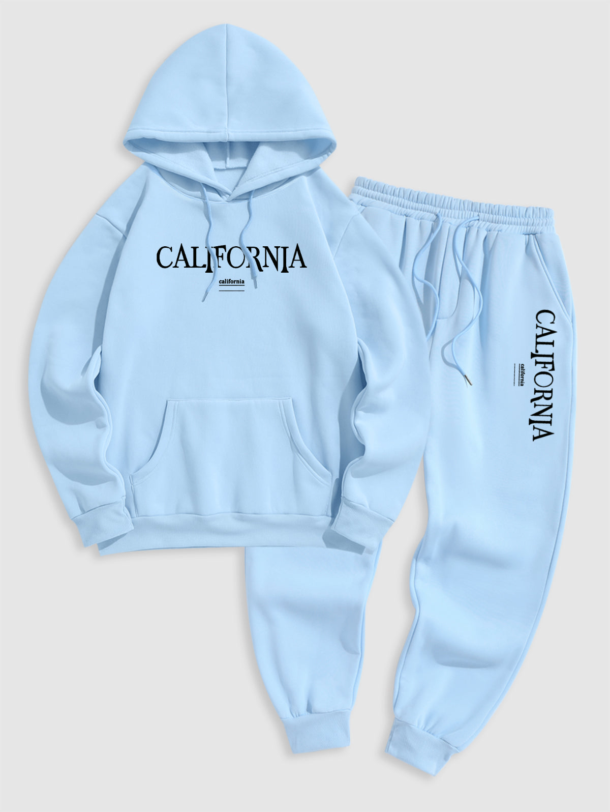 Men's Casual Letter California Pattern Fuzzy Fleece-lined Kangaroo Pocket Design Pullover Hoodie And Drawstring Jogger Sweatpants Set