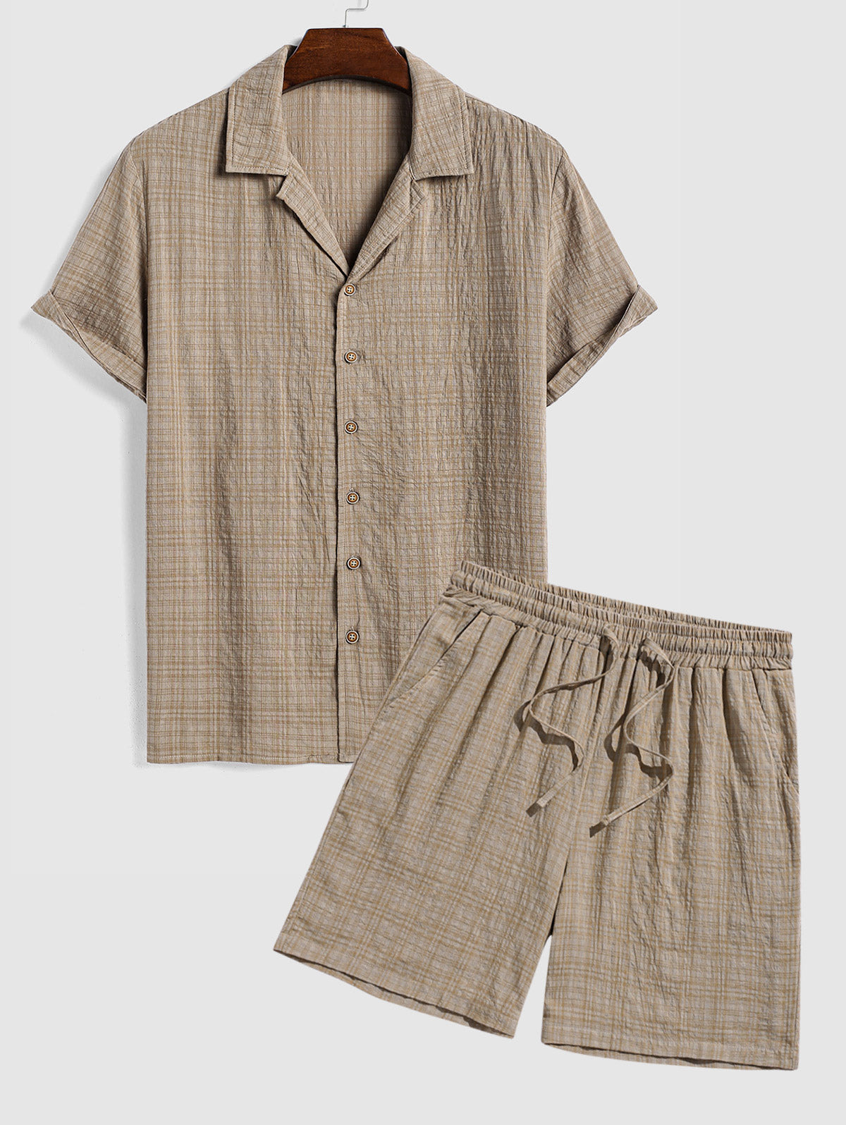 Men's Cotton And Linen Textured Grid Camp Collar Button Up Short Sleeves Shirt And Drawstring Casual Shorts Set
