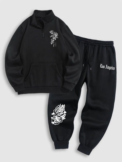 Men's Japanese Floral Rose Printed Fuzzy Fleece-lined Half Zip Stand Collar Kangaroo Pocket Design Pullover Sweatshirt And Drawstring Jogger Sweatpants Set Kosyway