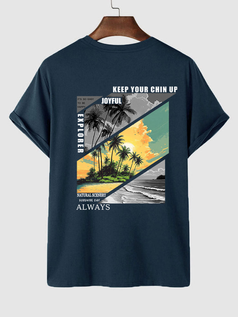 Men's Natural Scenery Palm Tree Sea Sun Letter Graphic Printed Casual Beach Crew Neck Short Sleeves T-shirt