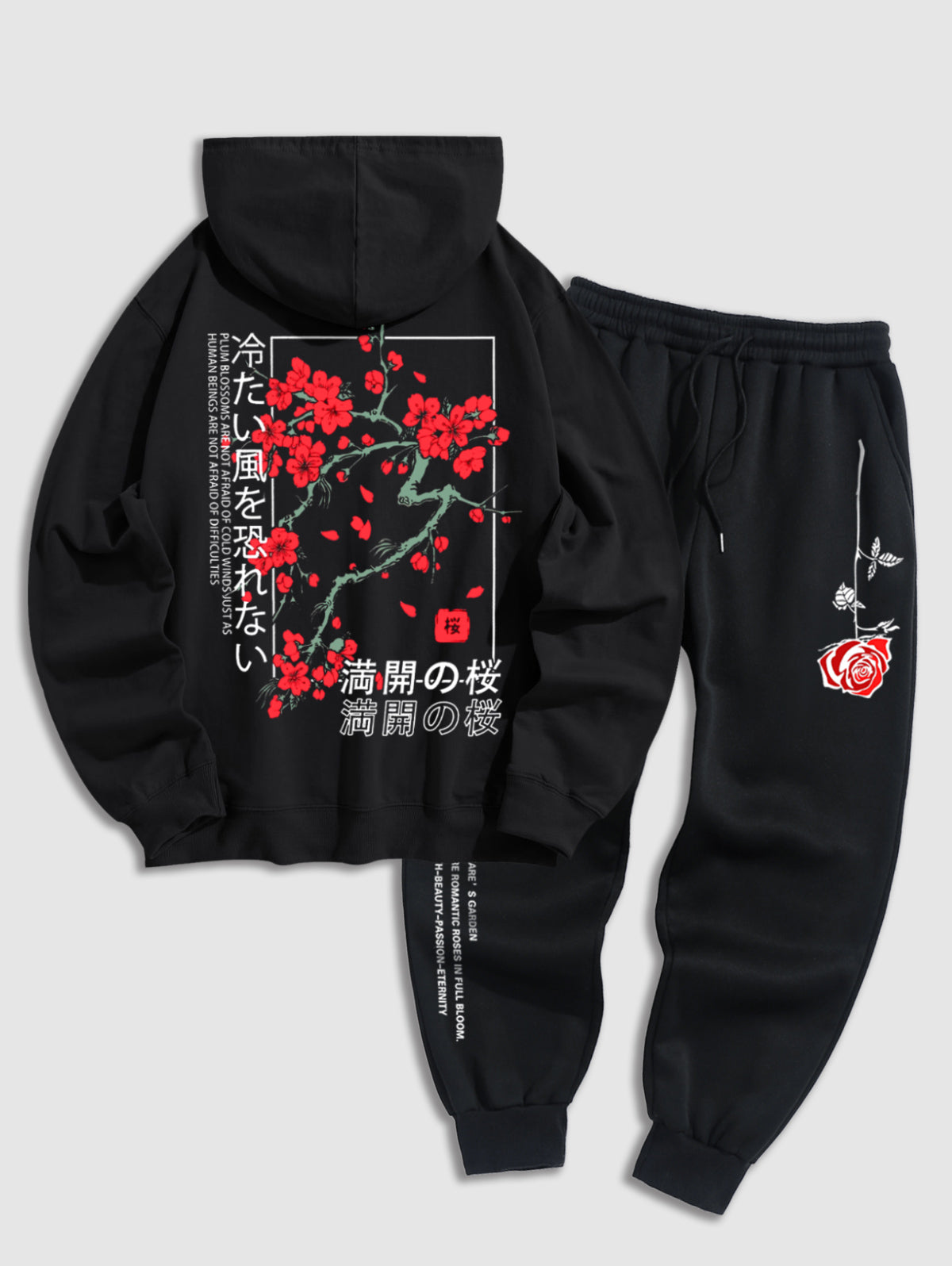 Men's Japanese Letter Plum Blossoms Pattern Kangaroo Pocket Pullover Hoodie And Rose Print Slogan Drawstring Thermal Fleece Lined Jogger Pants Set