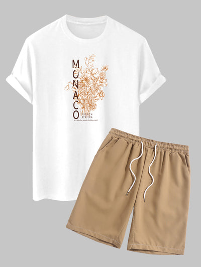 Men's MONACO Letter Floral Pattern Crew Neck Short Sleeves T-shirt And Drawstring Casual Shorts Sets