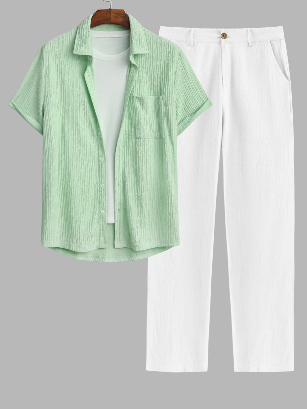 Men's Casual Wrinkle Textured Pocket Design Button Up Short Sleeves Shirt And Cotton and Linen Straight Leg Pants Set