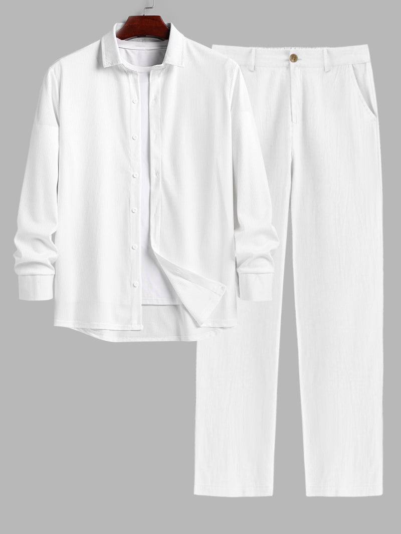 Men's Casual Minimalist Style Solid Color Textured Button Up Long Sleeve Shirt And Cotton and Linen Straight Leg Pants Sets