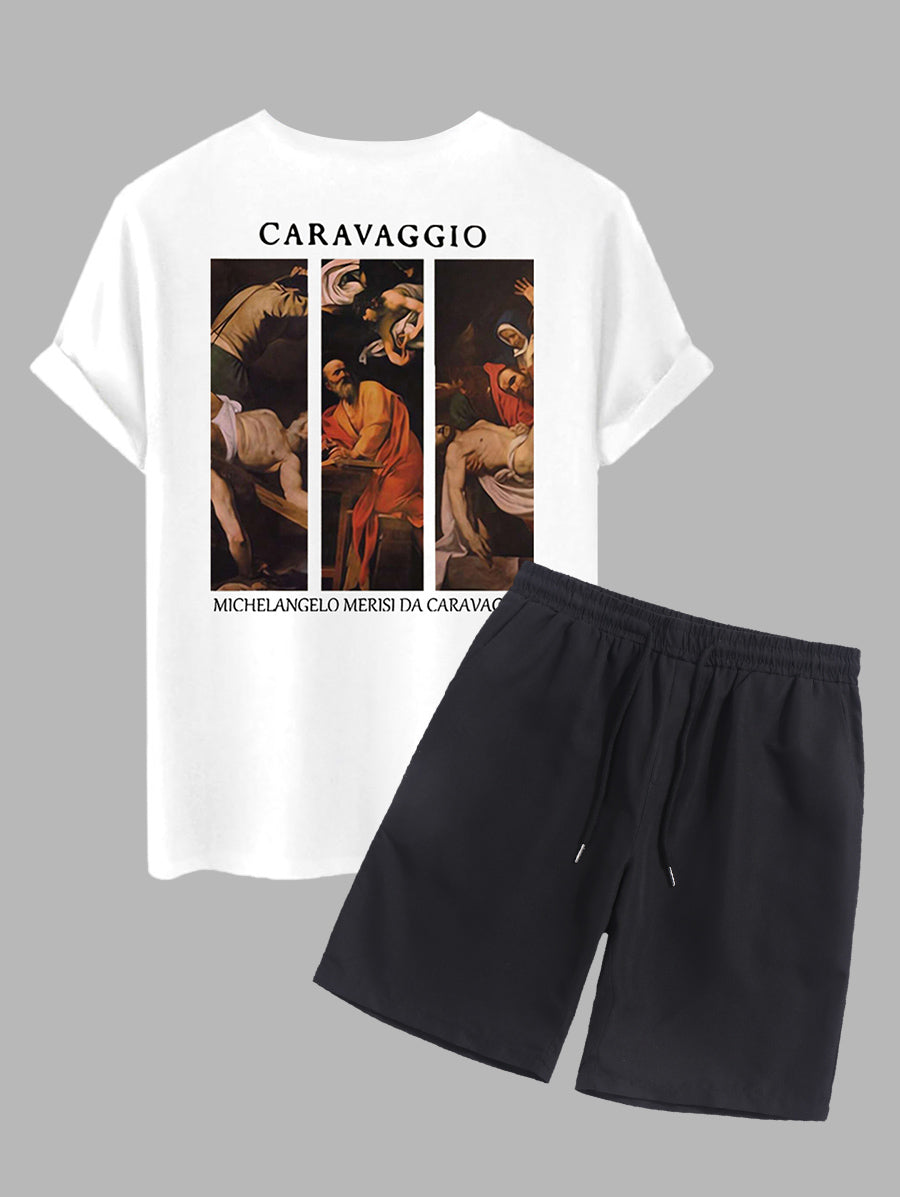 Men's Caravaggio Painting Printed Crew Neck Short Sleeves T-shirt And Drawstring Casual Shorts Set