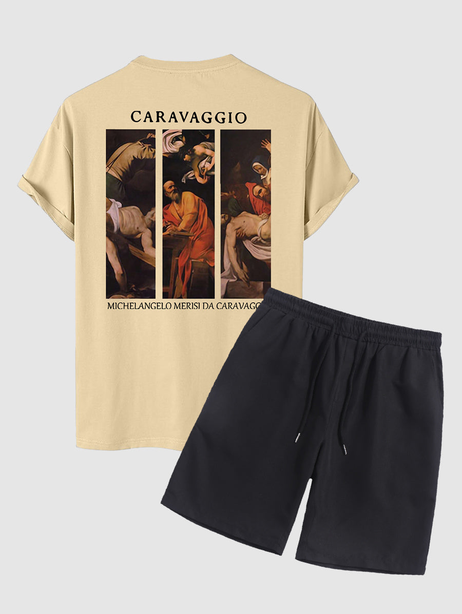 Men's Caravaggio Painting Printed Crew Neck Short Sleeves T-shirt And Drawstring Casual Shorts Set