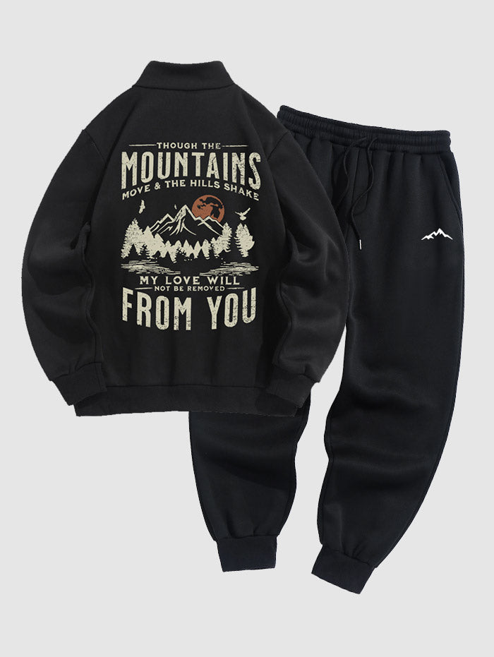 Men's Letter Mountain Sun Bird Printed Fuzzy Fleece-lined Half Zip Stand Collar Kangaroo Pocket Design Pullover Sweatshirt And Drawstring Jogger Sweatpants Set