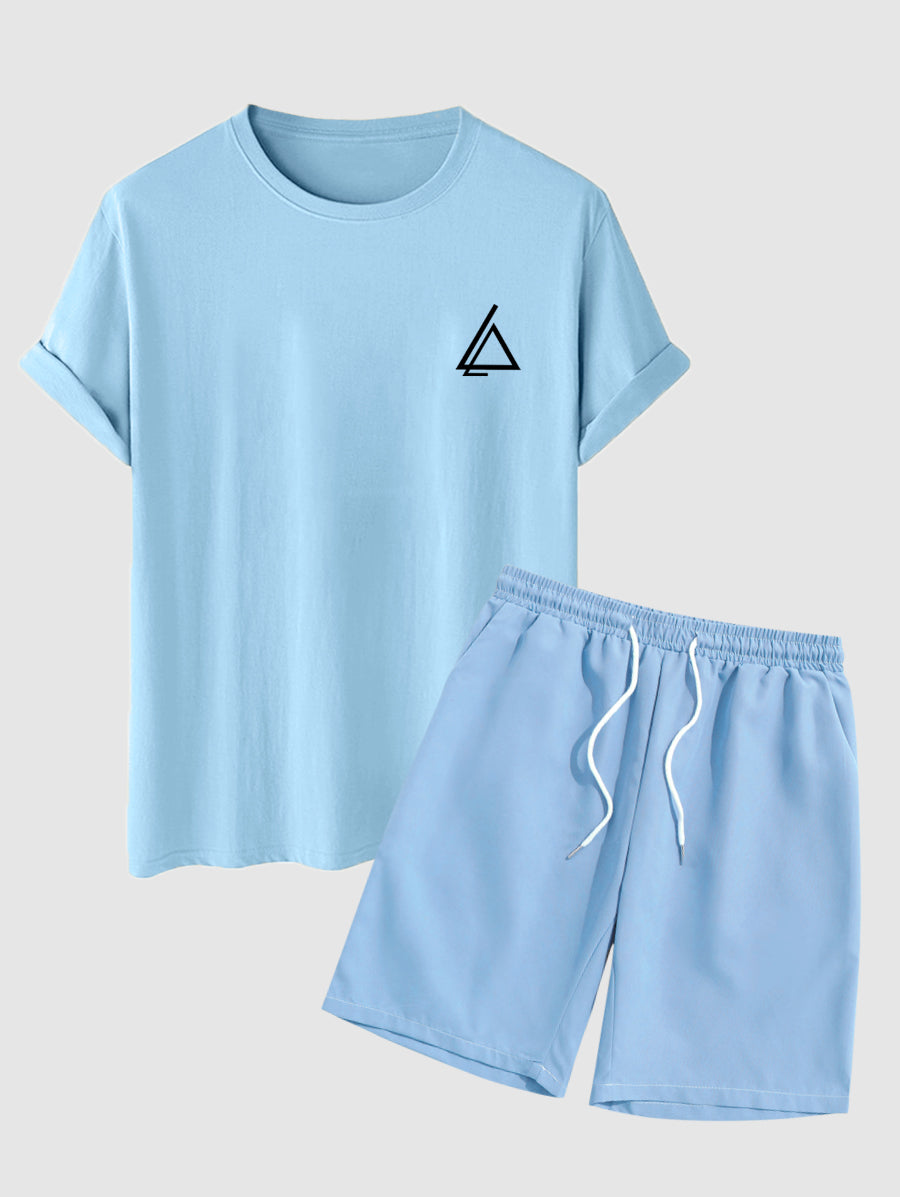Men's Casual Triangle Printed Crew Neck Short Sleeves T-shirt And Drawstring Shorts Set