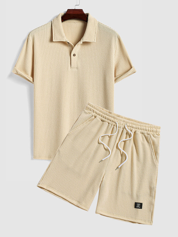Men's Casual Jacquard Textured Polo Collar Half Buttoned Short Sleeves T-shirt And Patch Design Drawstring Shorts Set