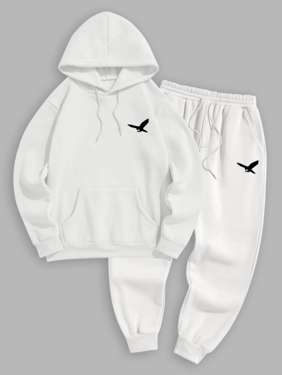 Men's Minimalist Style Bird Pattern Fuzzy Fleece-lined Kangaroo Pocket Design Pullover Hoodie And Drawstring Jogger Sweatpants Set