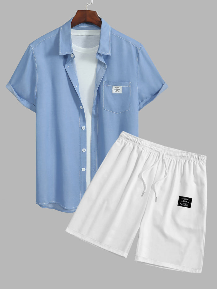 Men's Casual Letter Patch Design Pocket Button Up Short Sleeves Shirt And Drawstring Shorts Set