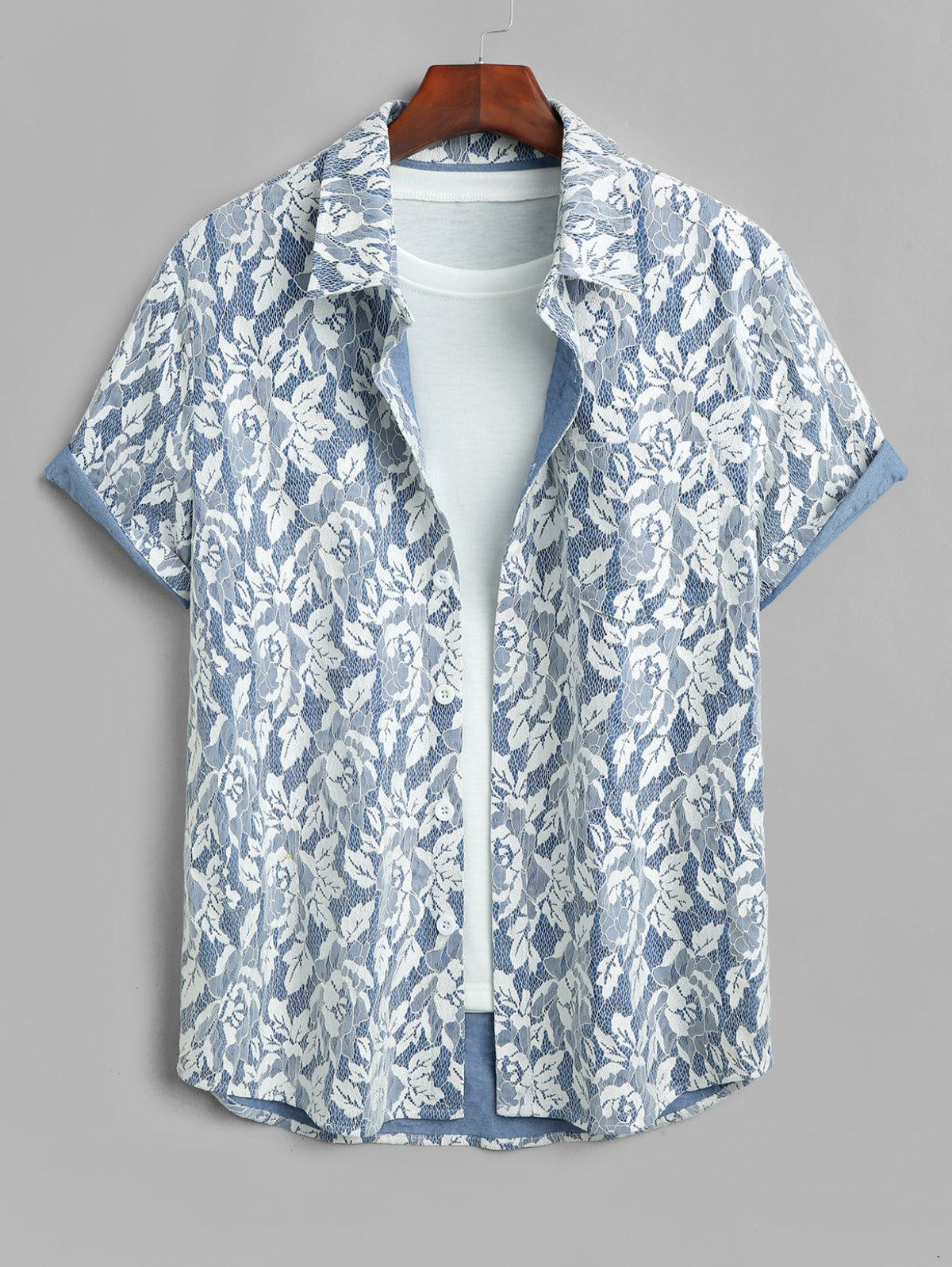 Men's Casual Lace Floral Pocket Design Button Up Short Sleeves Shirt