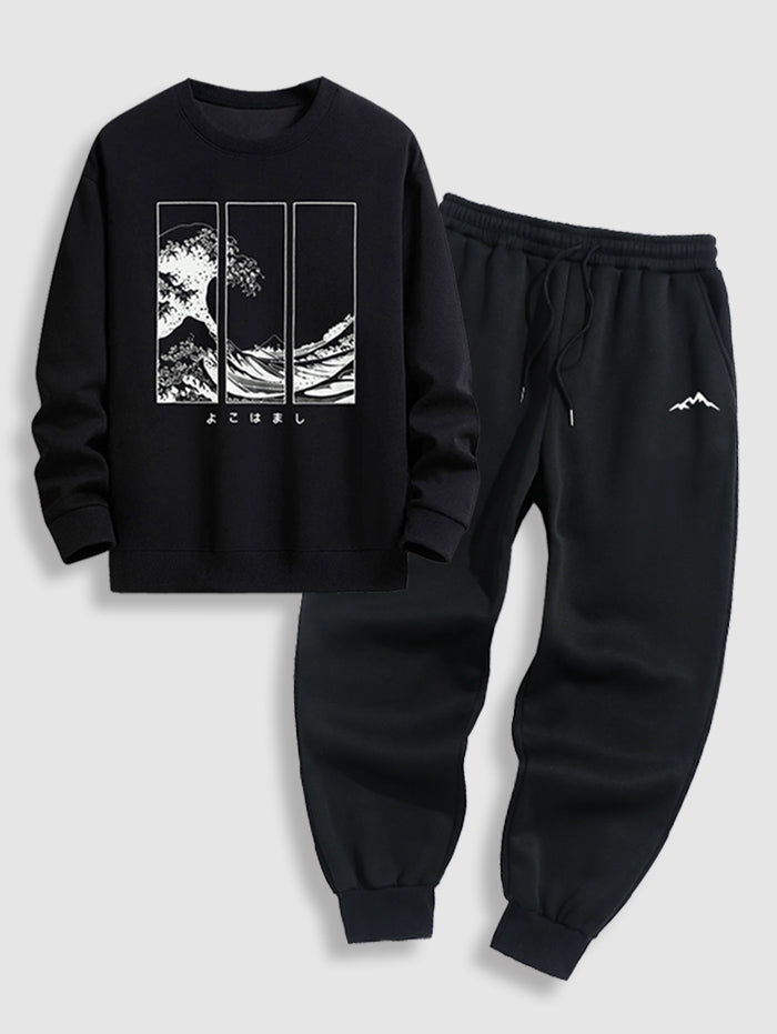 Men's Japanese Sea Waves Graphic Printed Crew Neck Pullover Sweatshirt And Fuzzy Fleece-lined Drawstring Jogger Sweatpants Set