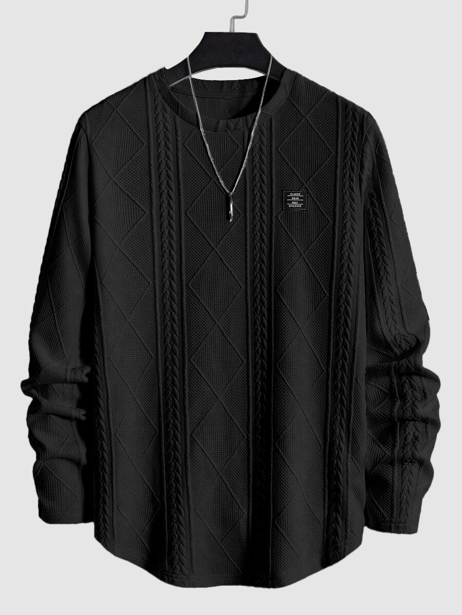 Men's Jacquard Textured Patch Design Crew Neck Long Sleeves Pullover Sweatshirt Set Kosyway