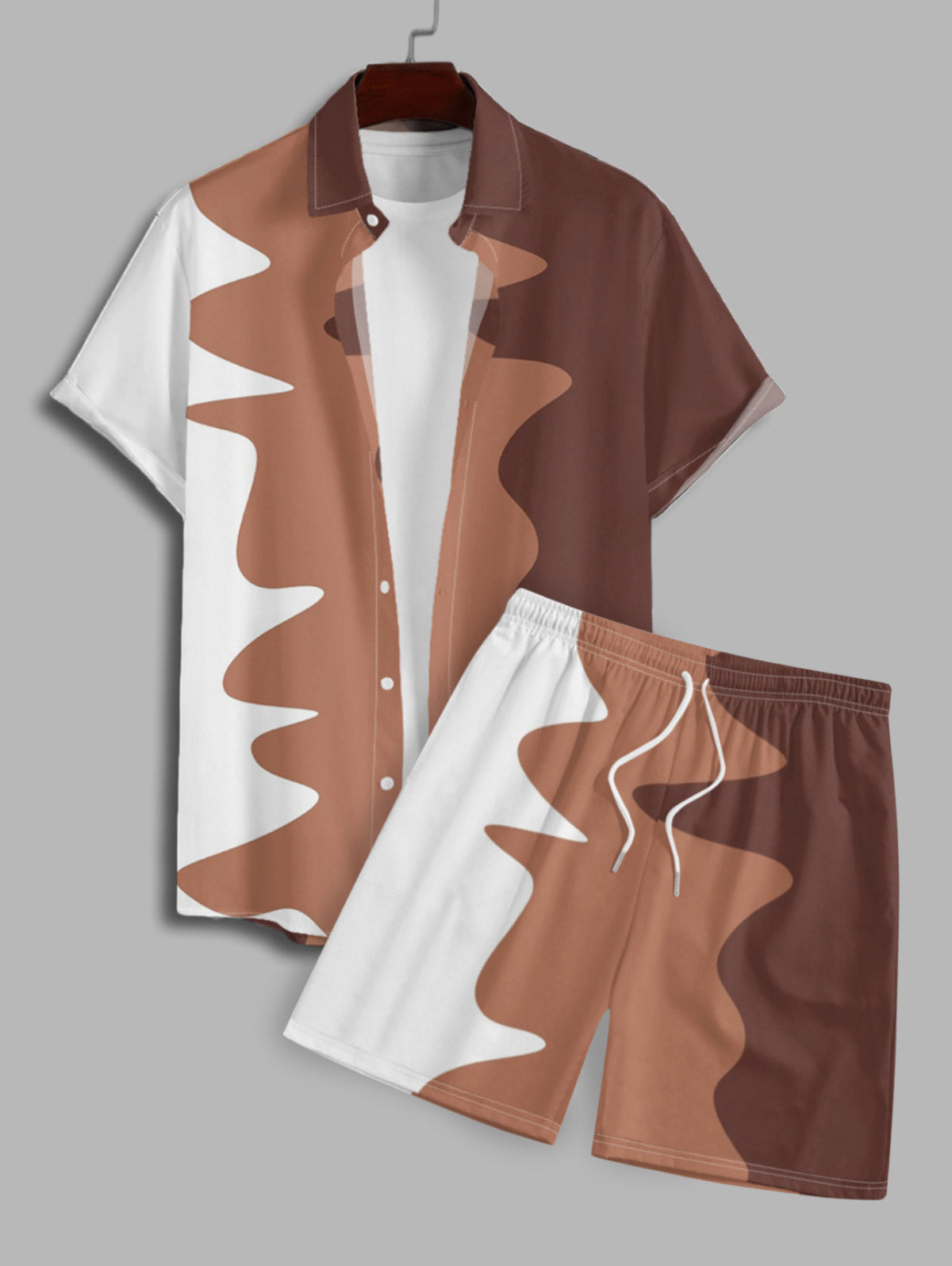 Men's Casual Colorblock Button Up Short Sleeves Shirt And Drawstring Shorts Sets