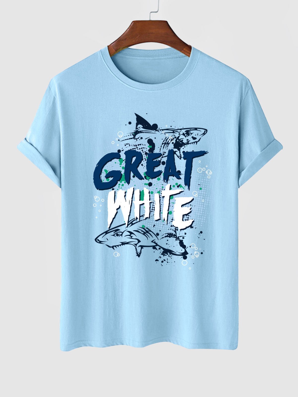 Men's Great White Shark Letter Graphic Printed Crew Neck Short Sleeves T-shirt