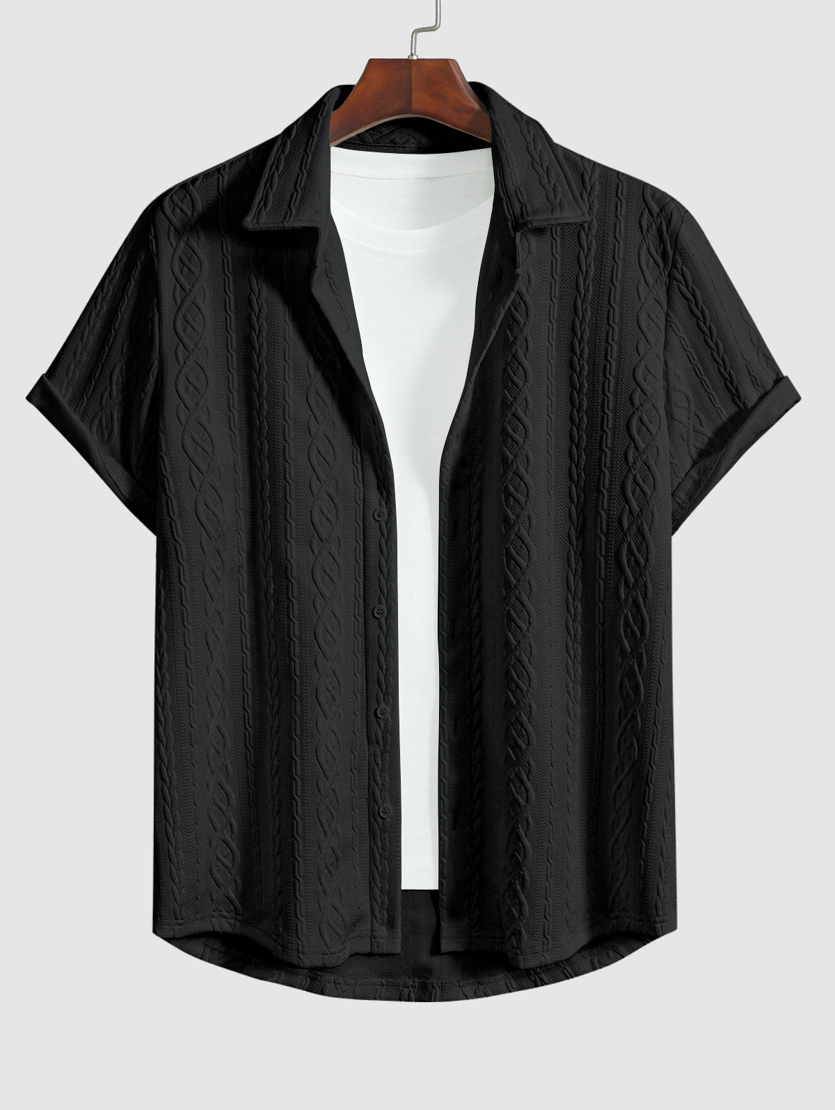 Men's Solid Color Cable Knit Jacquard Textured Button Up Short Sleeves Shirt