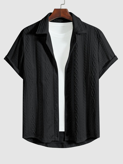 Men's Solid Color Cable Knit Jacquard Textured Button Up Short Sleeves Shirt