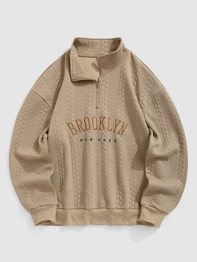 Men's BROOKLYN NEW YORK Letter Embroidered Cable Textured Quarter Zip Design Pullover Sweatshirt Set