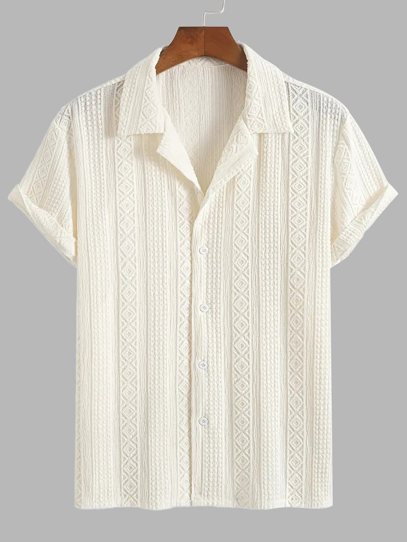 Men's Solid Color Geometric Textured Camp Collar Button Up Short Sleeves Shirt