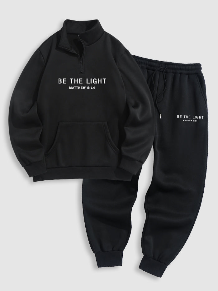 Casual Letter Printed Fuzzy Fleece-lined Half Zip Stand Collar Kangaroo Pocket Design Pullover Sweatshirt And Drawstring Jogger Sweatpants Set