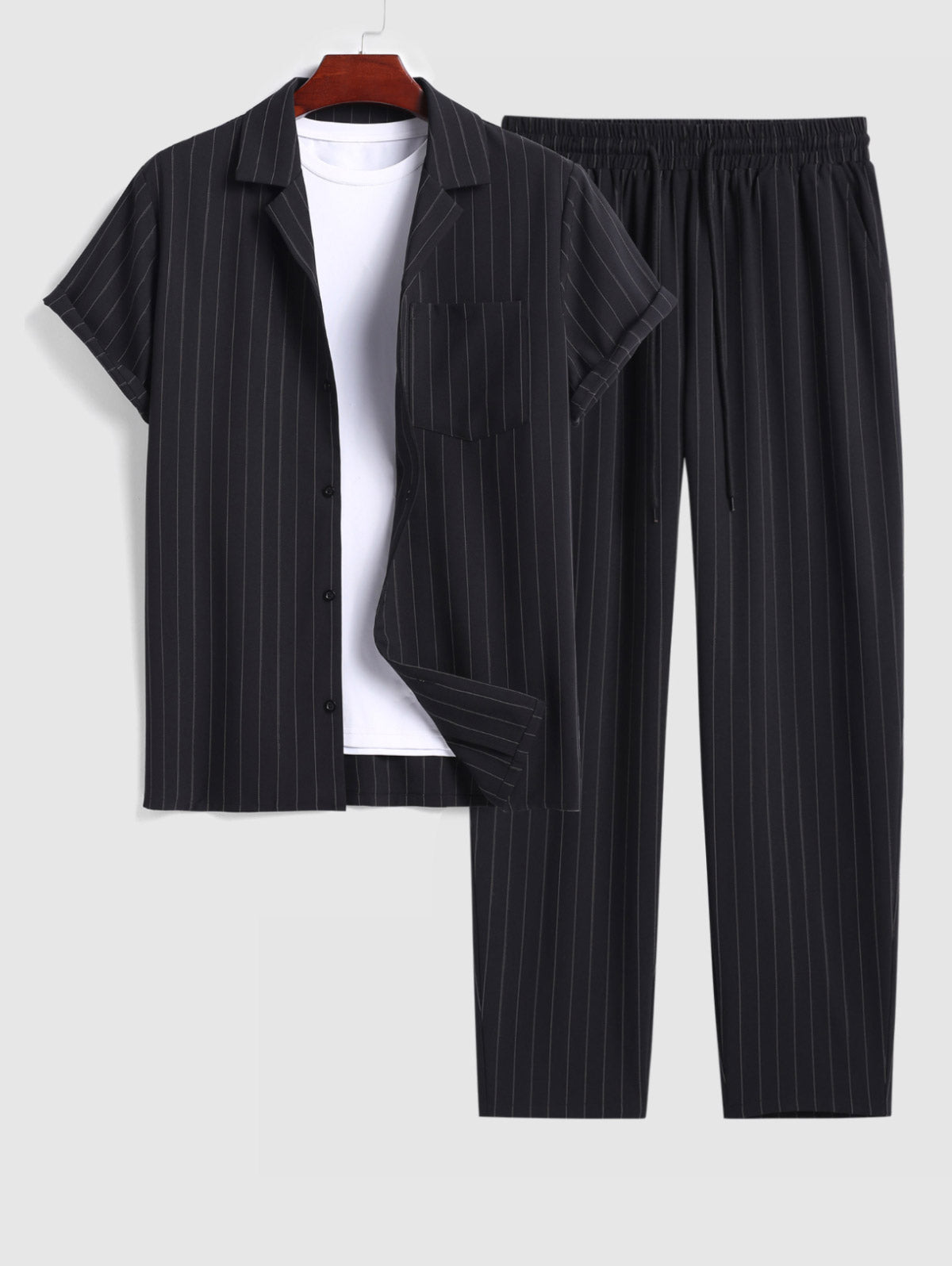 Men's Casual Pinstripe Pocket Design Camp Collar Button Up Short Sleeves Shirt And Drawstring Straight Leg Pants Sets