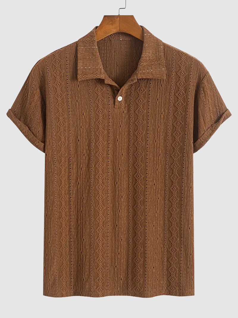 Men's Solid Color Textured Openwork Polo Collar Half Buttoned Short Sleeves Shirt