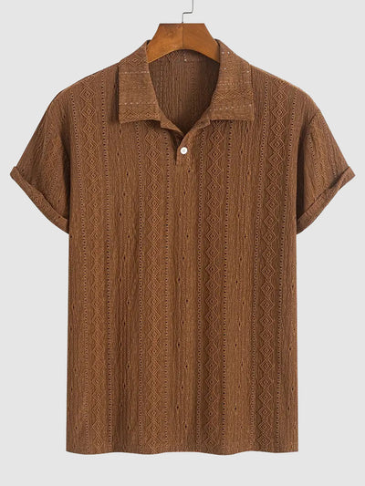 Men's Solid Color Textured Openwork Polo Collar Half Buttoned Short Sleeves Shirt