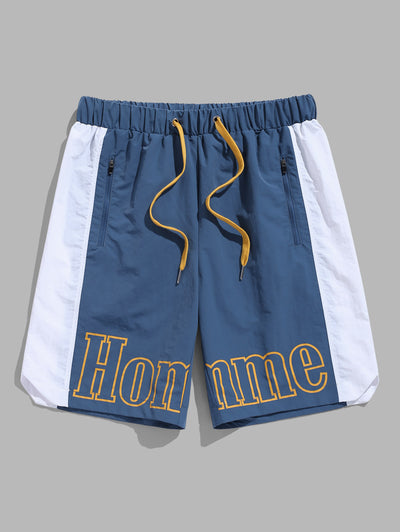 Men's Colorblock Letter Pattern Zip Pockets Design Drawstring Casual Cargo Shorts