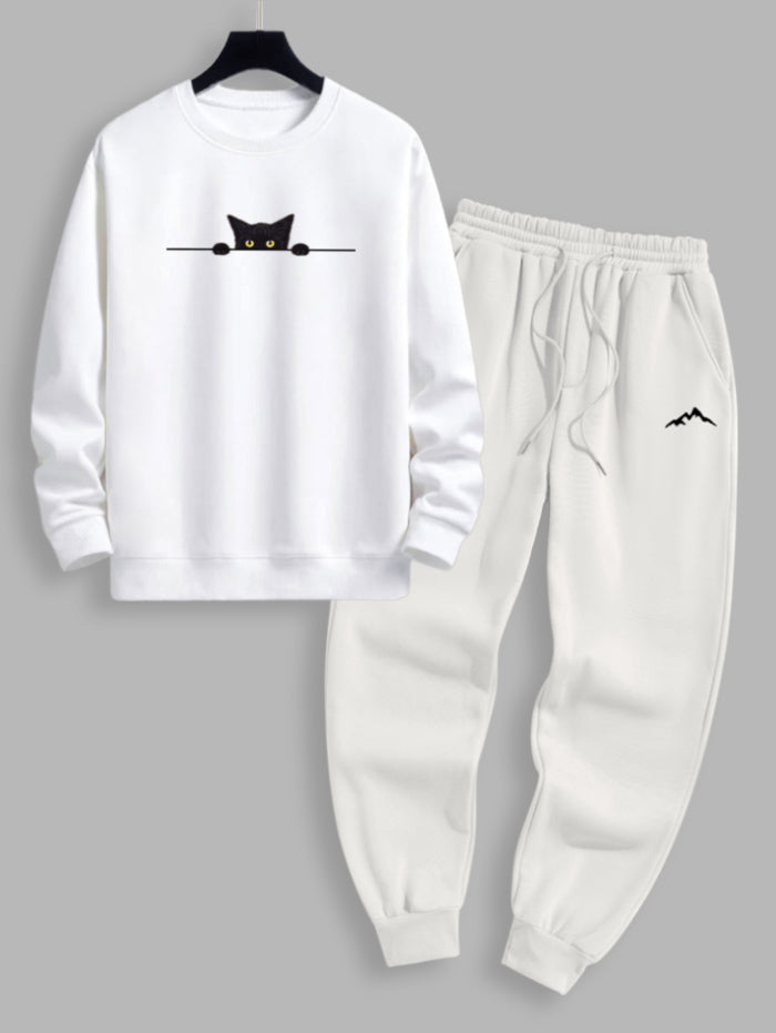 Men's Black Cat Graphic Printed Crew Neck Pullover Sweatshirt Set